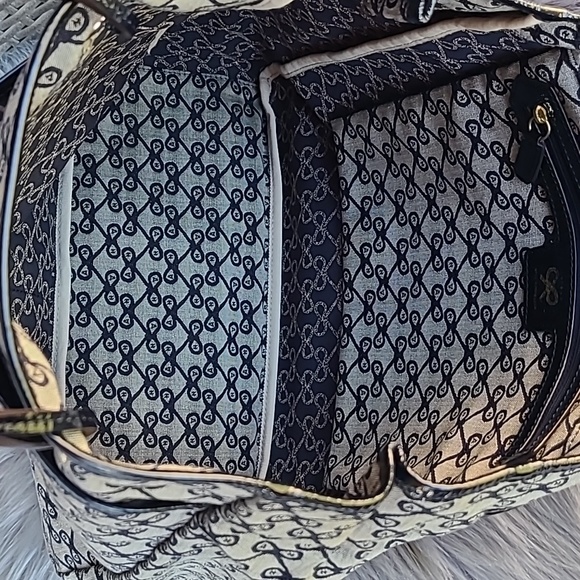 Anya Hindmarch logo blue and gray canvas tote leather handles leather